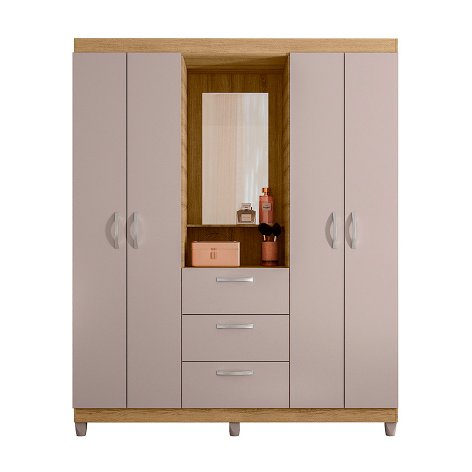 Guarda-Roupa Casal com Espelho ClaPortason 4 Portas 3 Gavetas Mel e Cacau