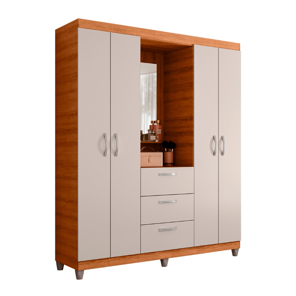Guarda-Roupa Casal com Espelho Clapton 4 Portas 3 Gavetas Freijó e Off White
