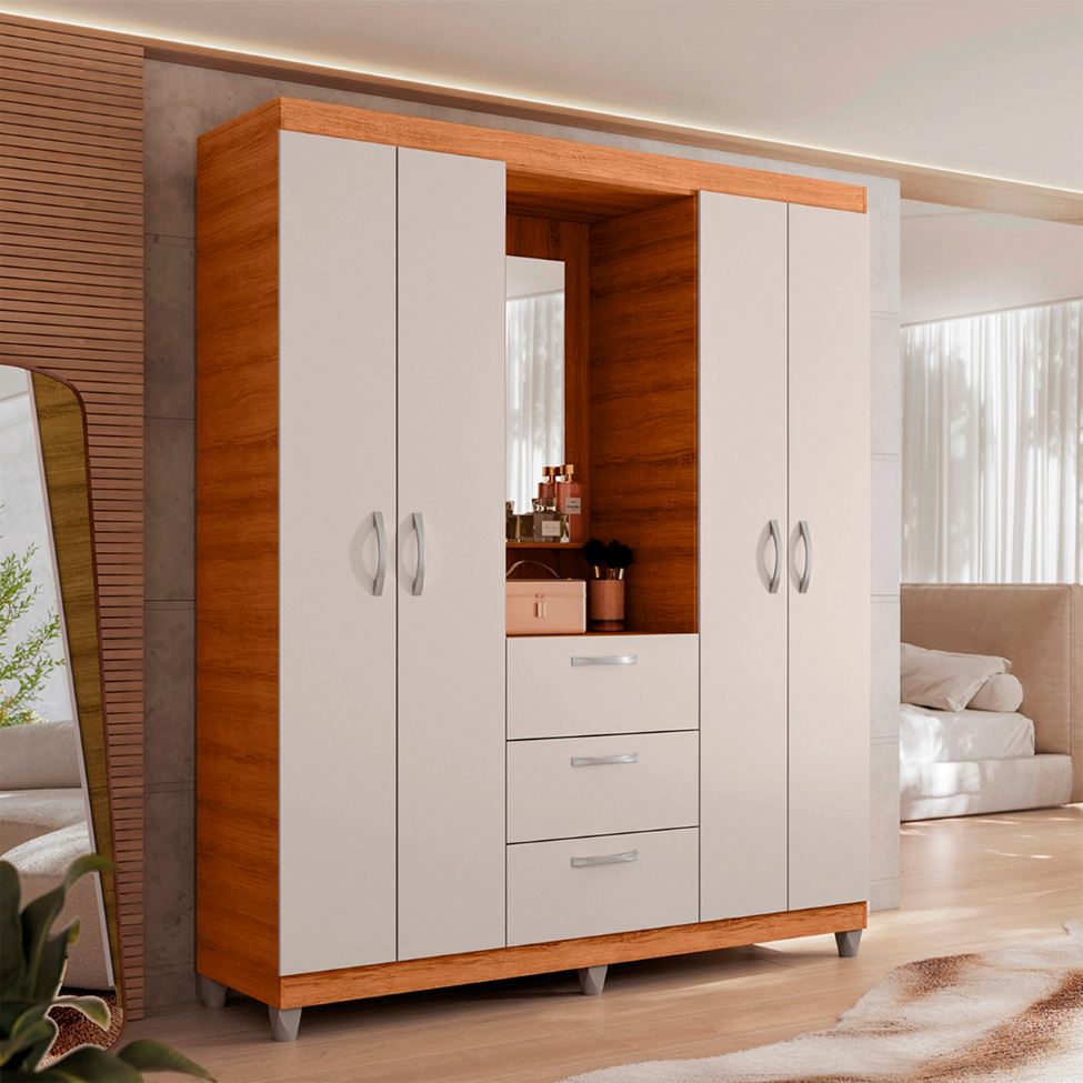 Guarda-Roupa Casal com Espelho Clapton 4 Portas 3 Gavetas Freijó e Off White