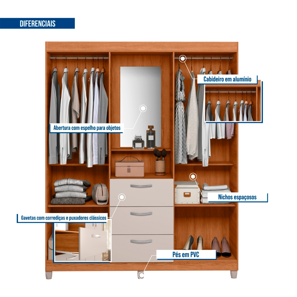 Guarda-Roupa Casal com Espelho Clapton 4 Portas 3 Gavetas Freijó e Off White