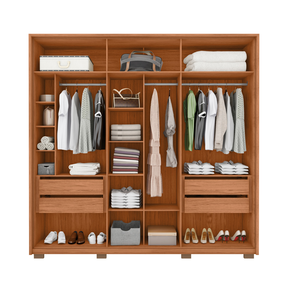 Guarda-Roupa Casal com Espelho Cleo Ripado 6 Portas 4 Gavetas Freijó e Off White