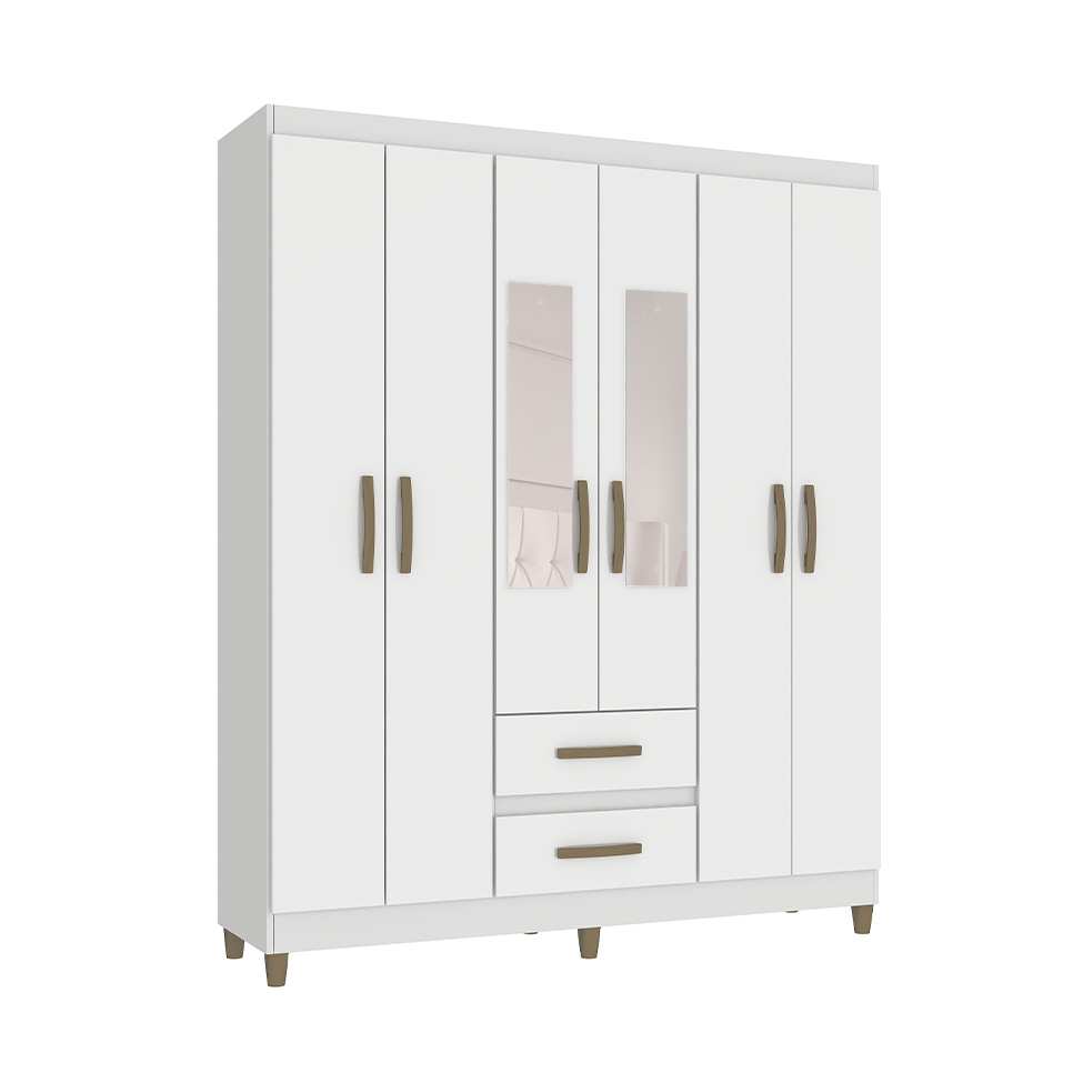 Guarda-Roupa Casal com Espelho Coimbra 6 Portas 2 Gavetas Branco