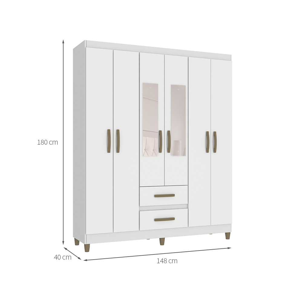 Guarda-Roupa Casal com Espelho Coimbra 6 Portas 2 Gavetas Branco