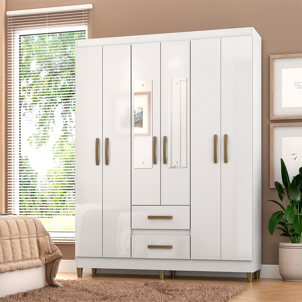 Guarda-Roupa Casal com Espelho Coimbra 6 Portas 2 Gavetas Branco