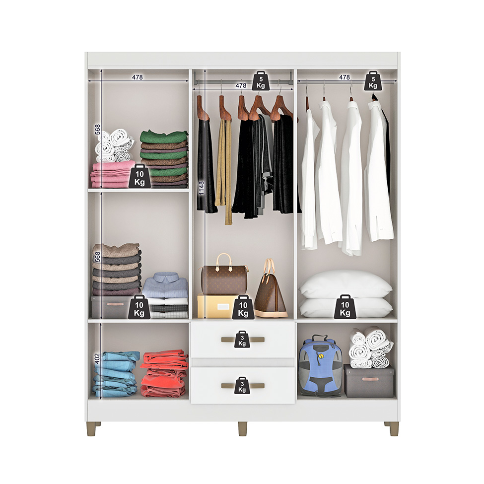 Guarda-Roupa Casal com Espelho Coimbra 6 Portas 2 Gavetas Branco