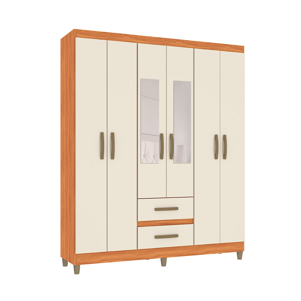 Guarda-Roupa Casal com Espelho Coimbra 6 Portas 2 Gavetas Cinamomo e Off White
