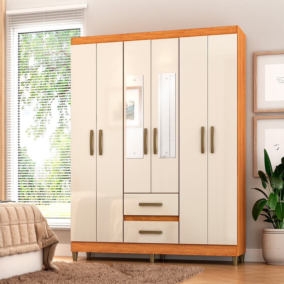 Guarda-Roupa Casal com Espelho Coimbra 6 Portas 2 Gavetas Cinamomo e Off White
