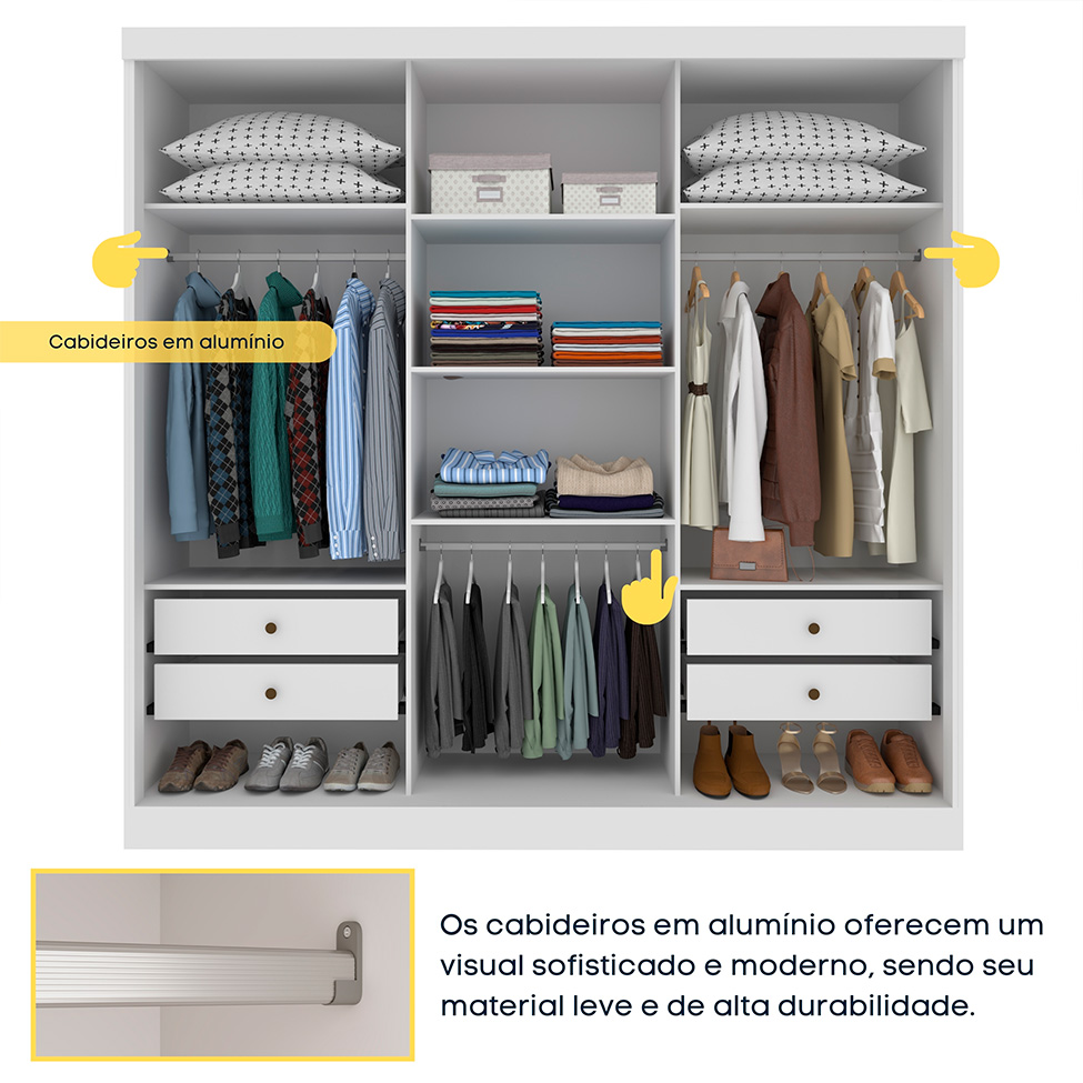Guarda-Roupa Casal com Espelho Dacar 3 Portas 4 Gavetas Neve