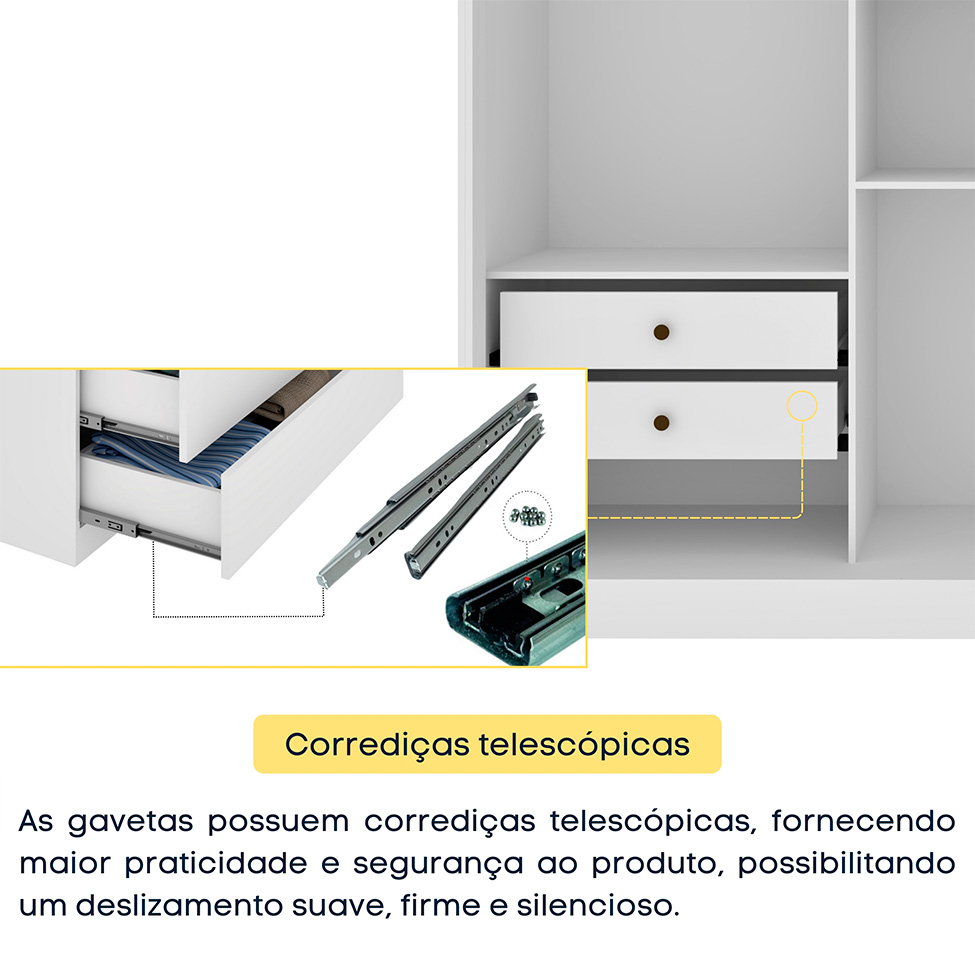 Guarda-Roupa Casal com Espelho Dacar 3 Portas 4 Gavetas Neve