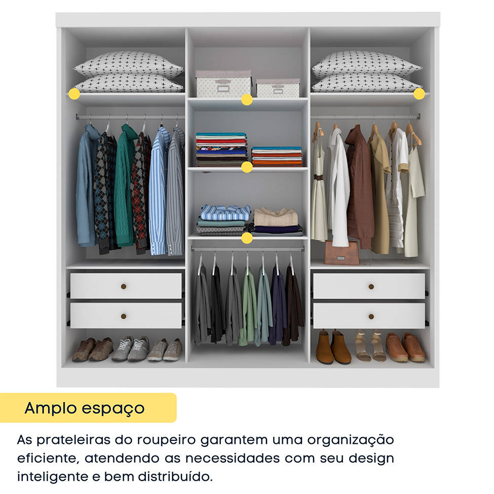 Guarda-Roupa Casal com Espelho Dacar 3 Portas 4 Gavetas Neve
