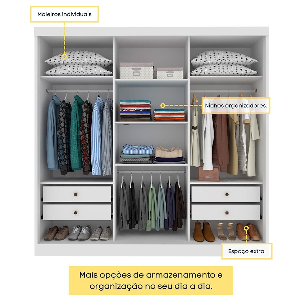 Guarda-Roupa Casal com Espelho Dacar 3 Portas 4 Gavetas Neve