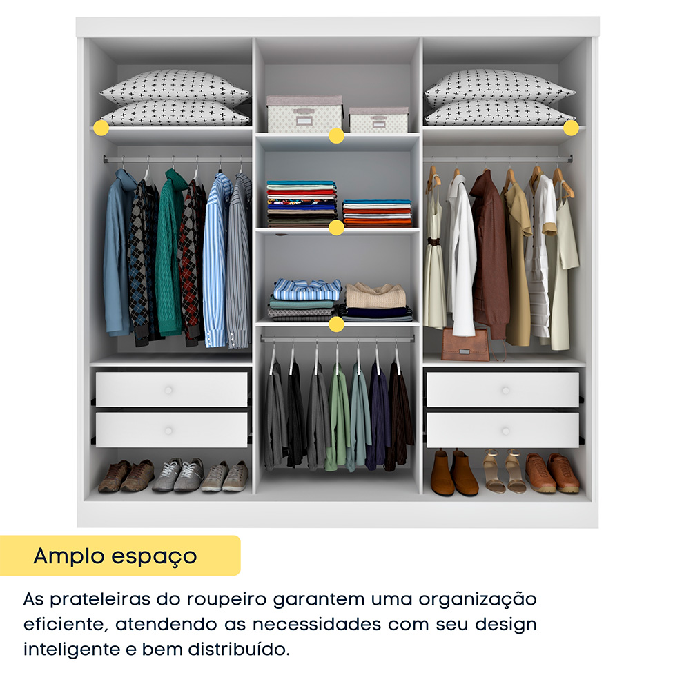 Guarda-Roupa Casal com Espelho Dacar 3 Portas 4 Gavetas Neve