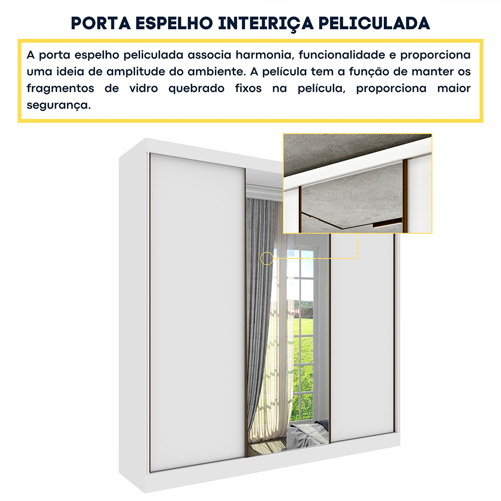 Guarda-Roupa Casal com Espelho Dacar 3 Portas 4 Gavetas Neve