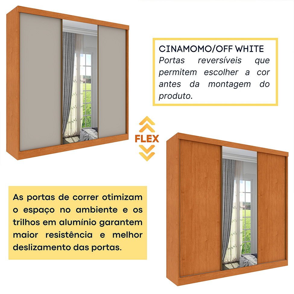 Guarda-Roupa Casal com Espelho Dacar Flex 3 Portas 4 Gavetas Cinamomo e Off White