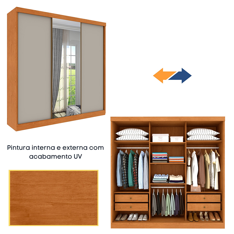 Guarda-Roupa Casal com Espelho Dacar Flex 3 Portas 4 Gavetas Cinamomo e Off White
