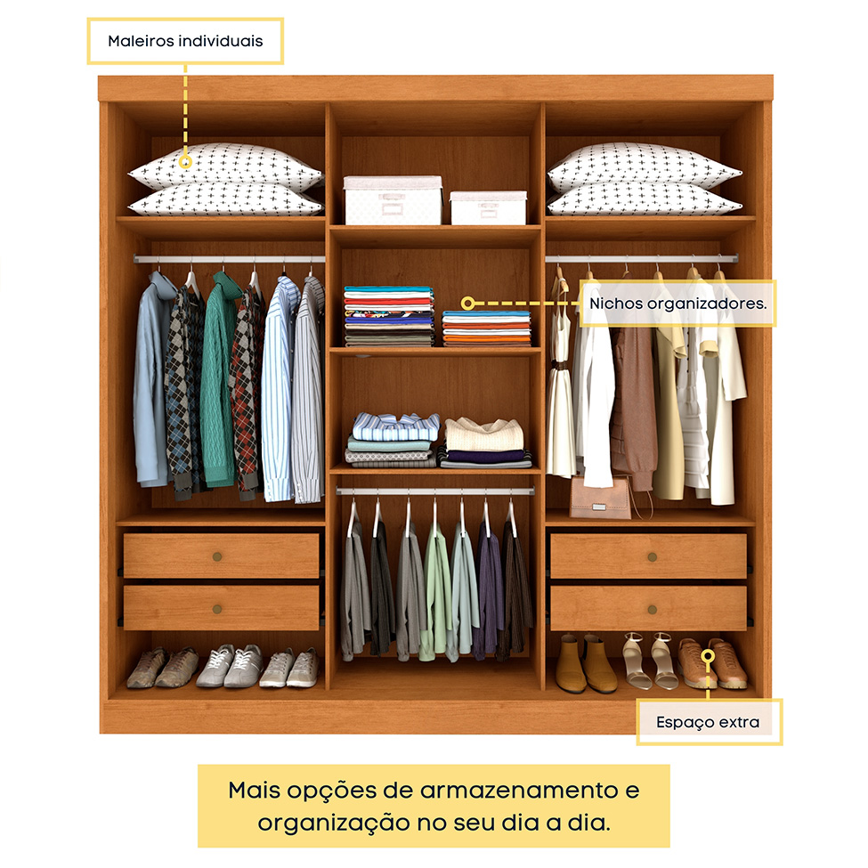 Guarda-Roupa Casal com Espelho Dacar Flex 3 Portas 4 Gavetas Cinamomo e Off White