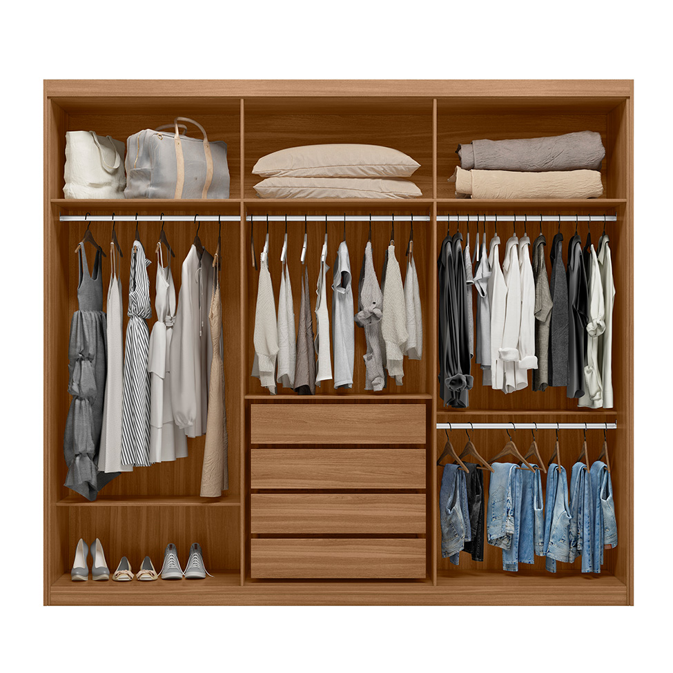Guarda-Roupa Casal com Espelho Dalila Flex 3 Portas 4 Gavetas Amêndola e Off White