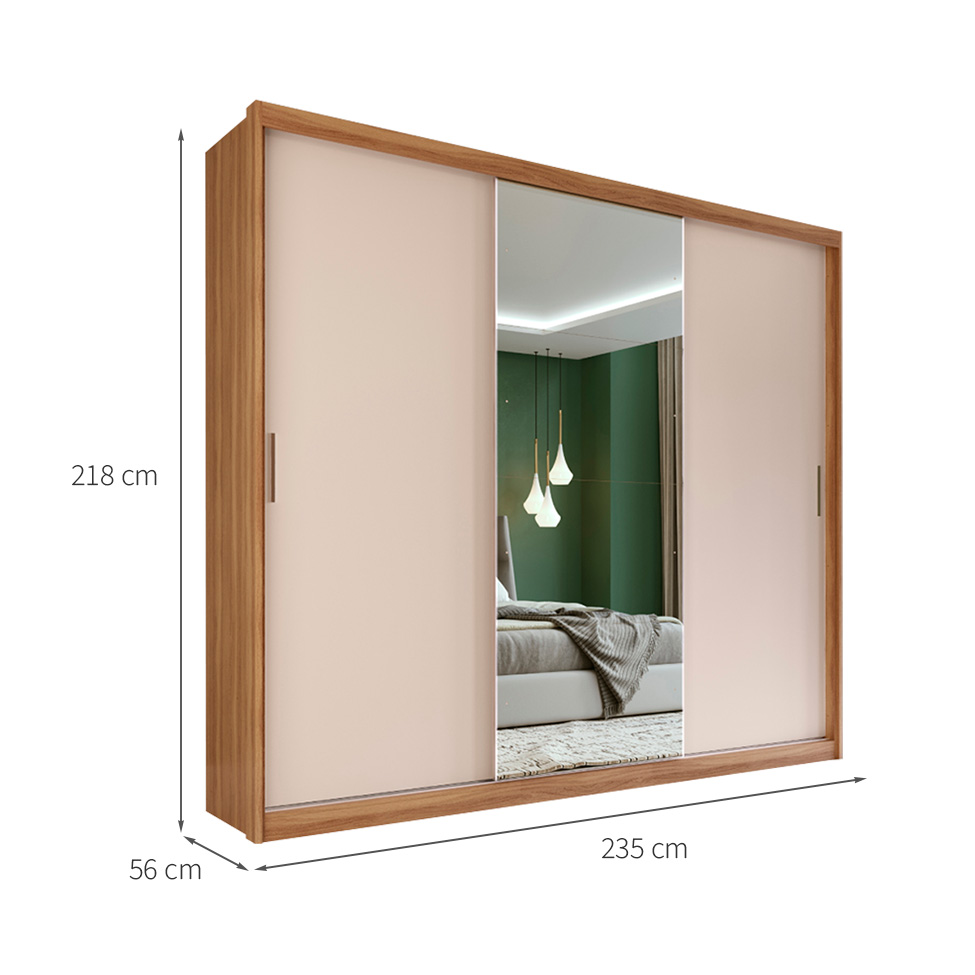 Guarda-Roupa Casal com Espelho Dalila Flex 3 Portas 4 Gavetas Amêndola e Off White