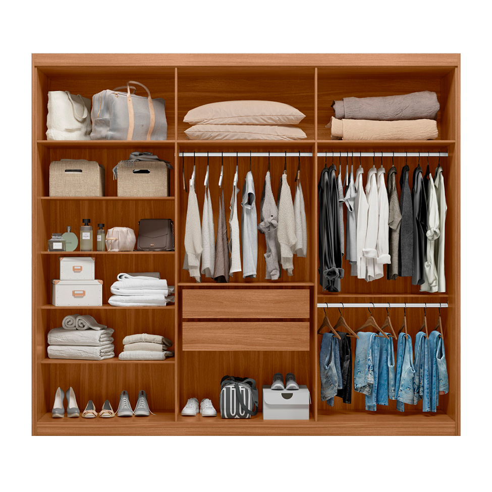 Guarda-Roupa Casal com Espelho Dalila Flex com Prateleiras 3 Portas 2 Gavetas Amêndola e Off White