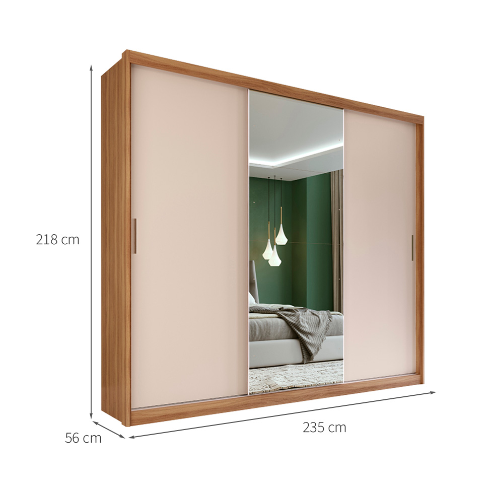 Guarda-Roupa Casal com Espelho Dalila Flex com Prateleiras 3 Portas 2 Gavetas Amêndola e Off White