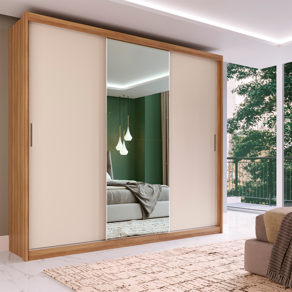 Guarda-Roupa Casal com Espelho Dalila Flex com Prateleiras 3 Portas 2 Gavetas Amêndola e Off White