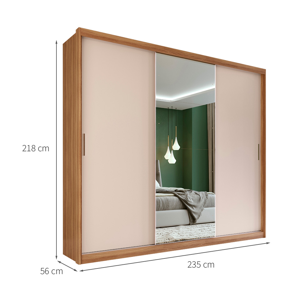 Guarda-Roupa Casal com Espelho Dalila Flex com Prateleiras 3 Portas 4 Gavetas Amêndola e Off White