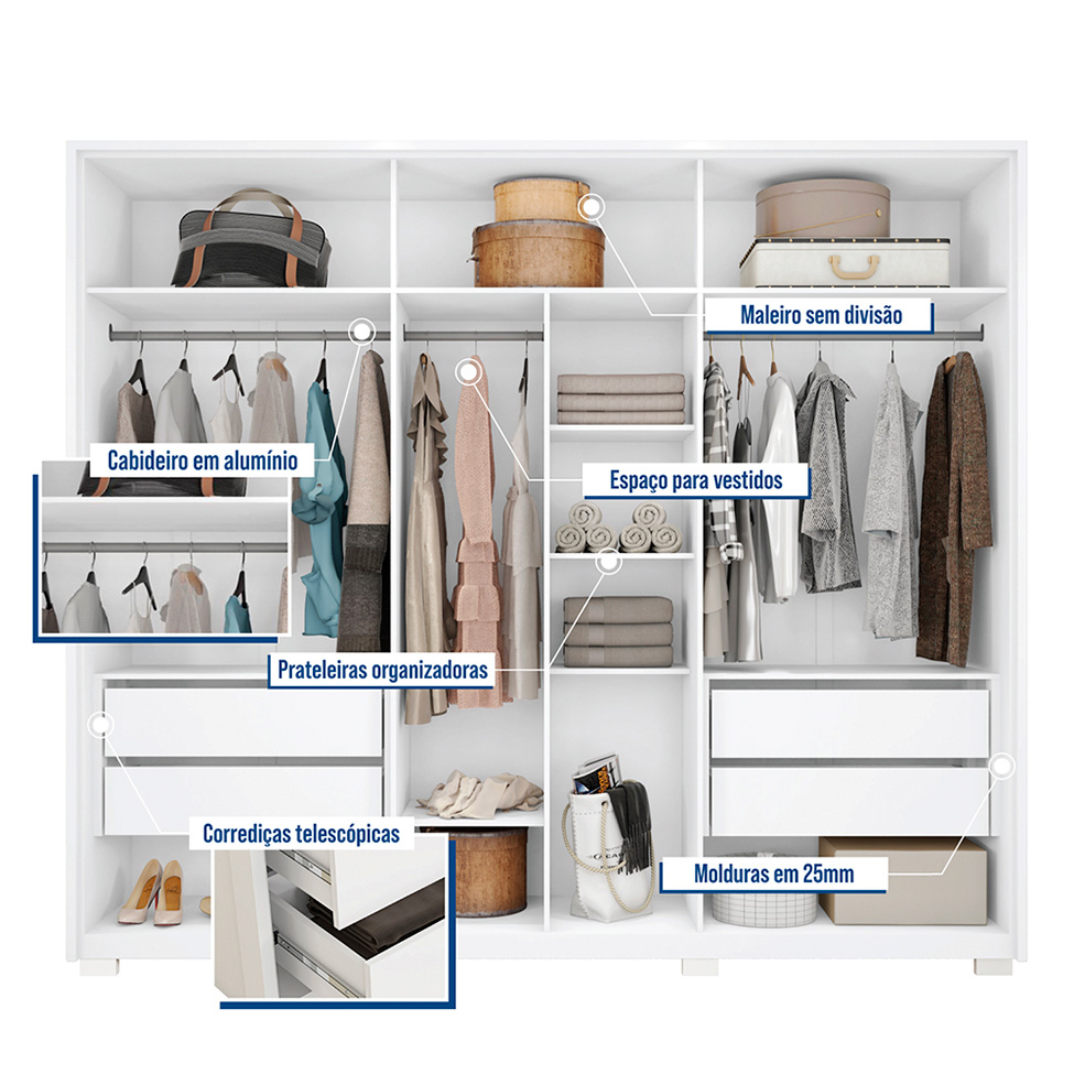 Guarda-Roupa Casal com Espelho Decimus 6 PT 4 GV Branco