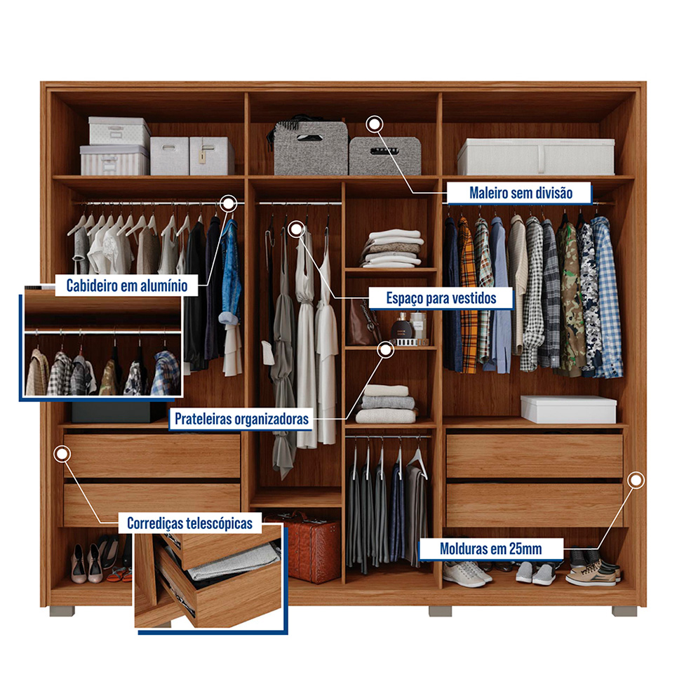 Guarda-Roupa Casal com Espelho Decimus 6 Portas 4 Gavetas Buriti e Fendi