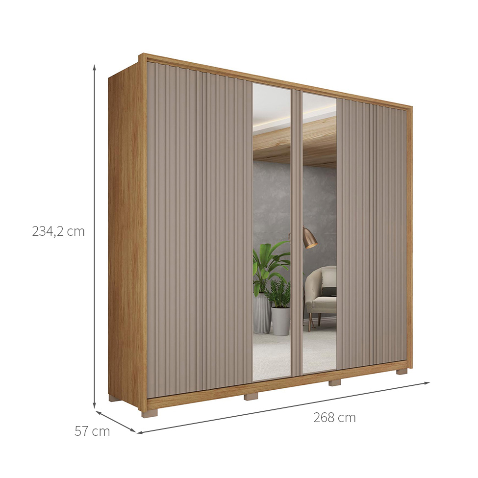 Guarda-Roupa Casal com Espelho Decimus 6 Portas 4 Gavetas Buriti e Fendi