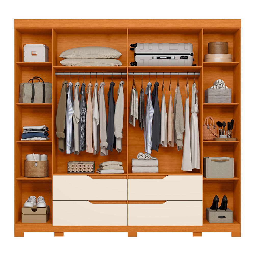 Guarda-Roupa Casal com Espelho Doble 4 Portas 4 Gavetas Cinamomo e Off White