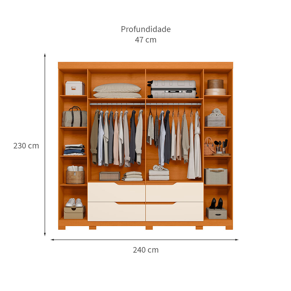 Guarda-Roupa Casal com Espelho Doble 4 Portas 4 Gavetas Cinamomo e Off White