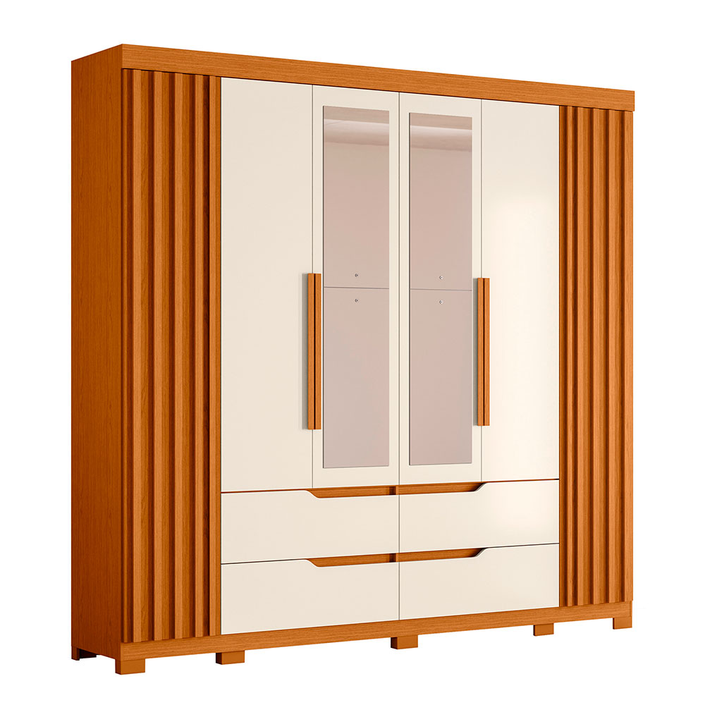 Guarda-Roupa Casal com Espelho Doble 4 Portas 4 Gavetas Cinamomo e Off White