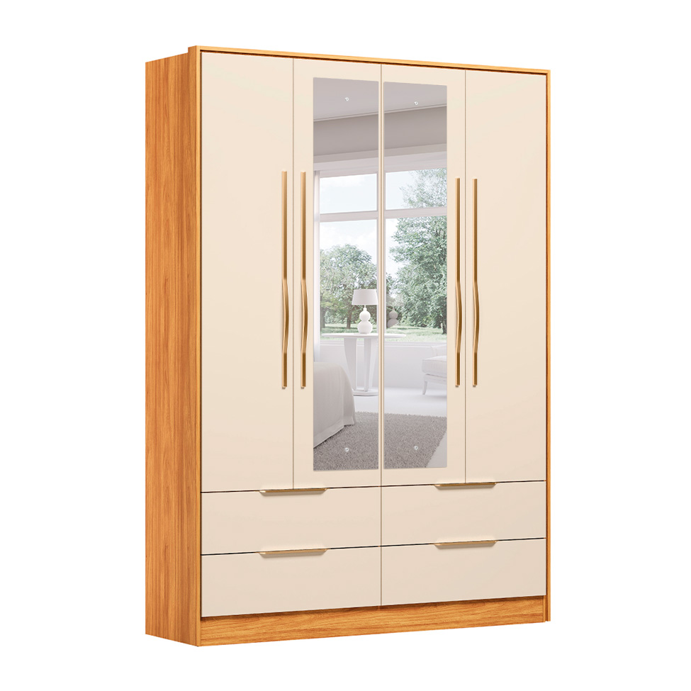 Guarda-Roupa Casal com Espelho Domo 4 Portas 4 Gavetas Cinnamon e Off White