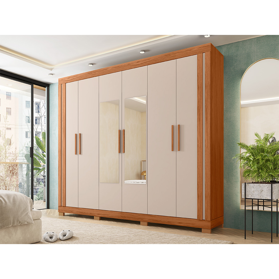 Guarda-Roupa Casal com Espelho Eden 6 Portas 2 Gavetas Freijó e Off White
