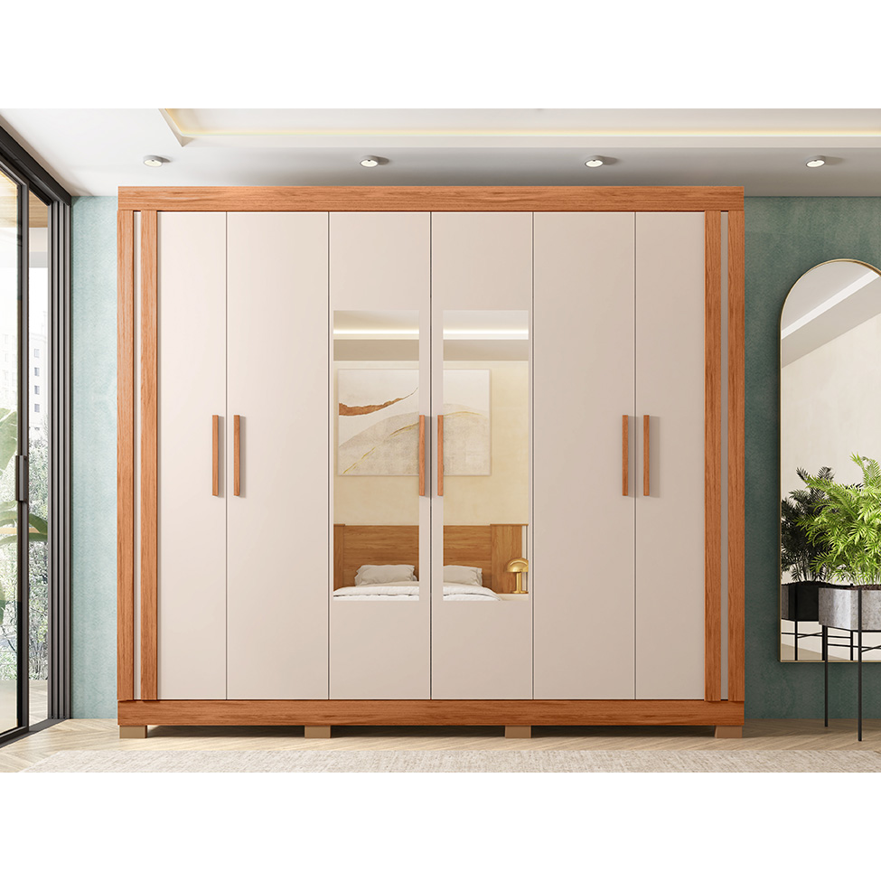 Guarda-Roupa Casal com Espelho Eden 6 Portas 2 Gavetas Freijó e Off White