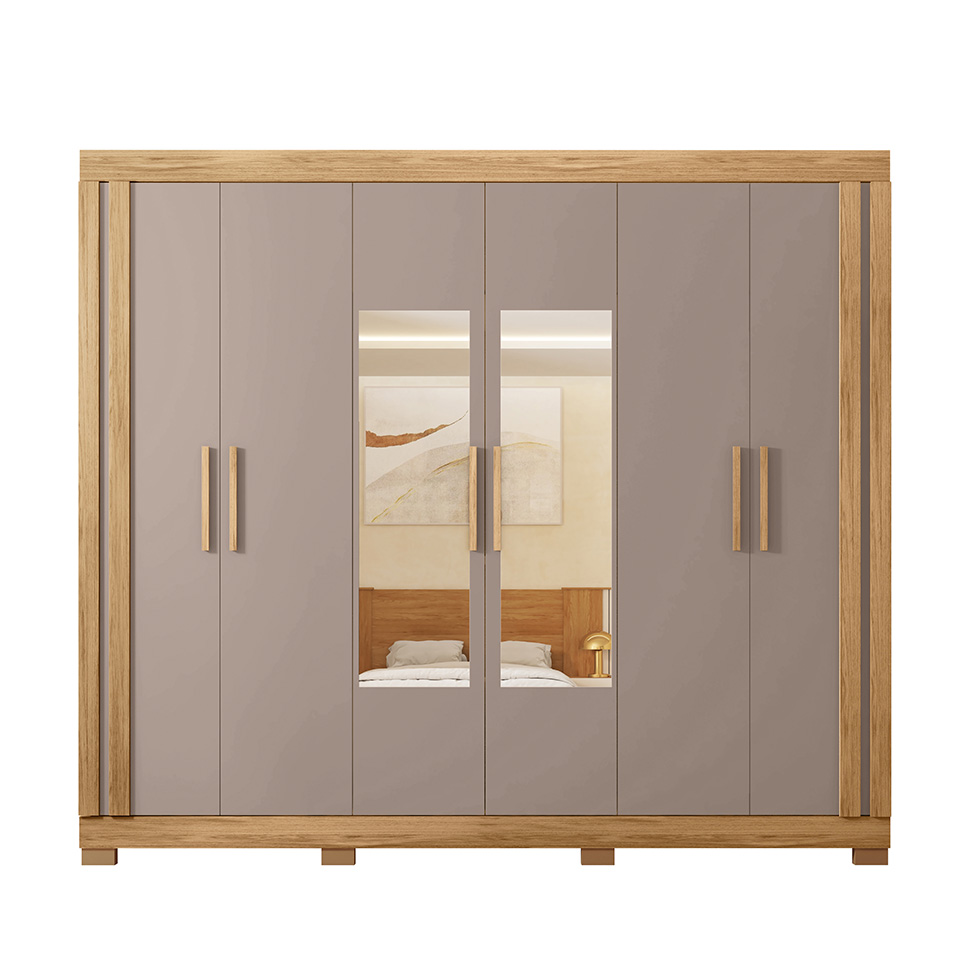 Guarda-Roupa Casal com Espelho Eden 6 Portas 2 Gavetas Lamina Mel e Cacao