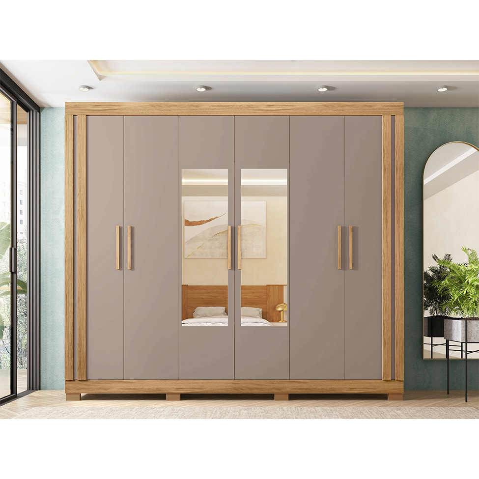 Guarda-Roupa Casal com Espelho Eden 6 Portas 2 Gavetas Lamina Mel e Cacao
