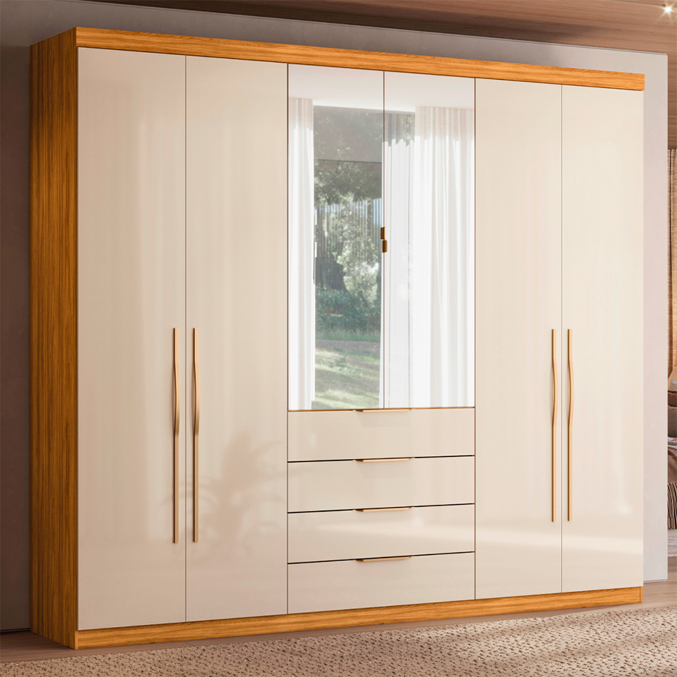Guarda-Roupa Casal com Espelho Giardino 6 Portas 4 Gavetas Cinnamon e Off White