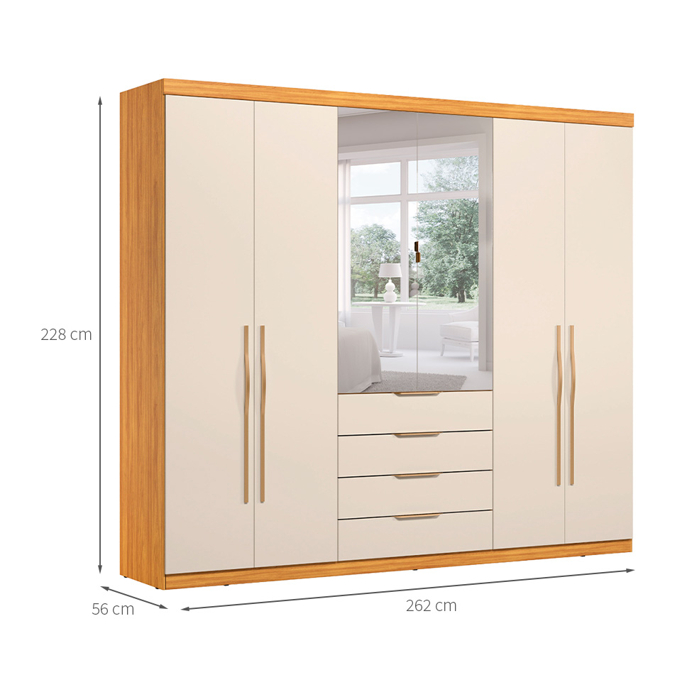 Guarda-Roupa Casal com Espelho Giardino 6 Portas 4 Gavetas Cinnamon e Off White