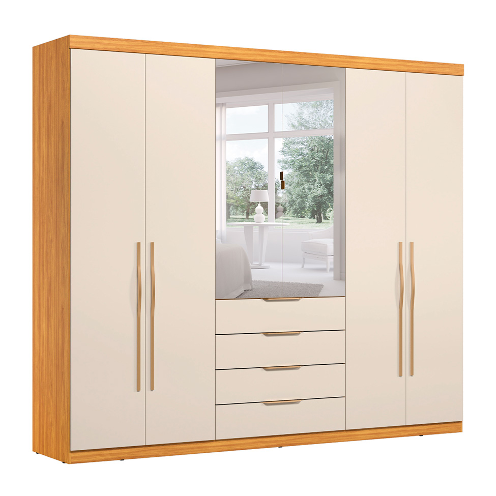 Guarda-Roupa Casal com Espelho Giardino 6 Portas 4 Gavetas Cinnamon e Off White