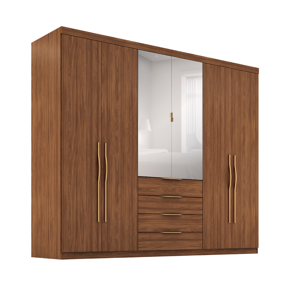 Guarda-Roupa Casal com Espelho Giardino 6 Portas 4 Gavetas Nogueira