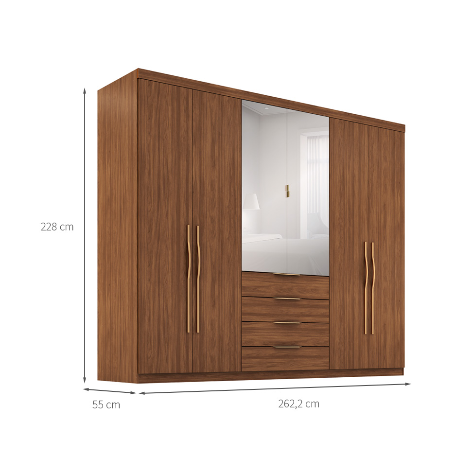 Guarda-Roupa Casal com Espelho Giardino 6 Portas 4 Gavetas Nogueira