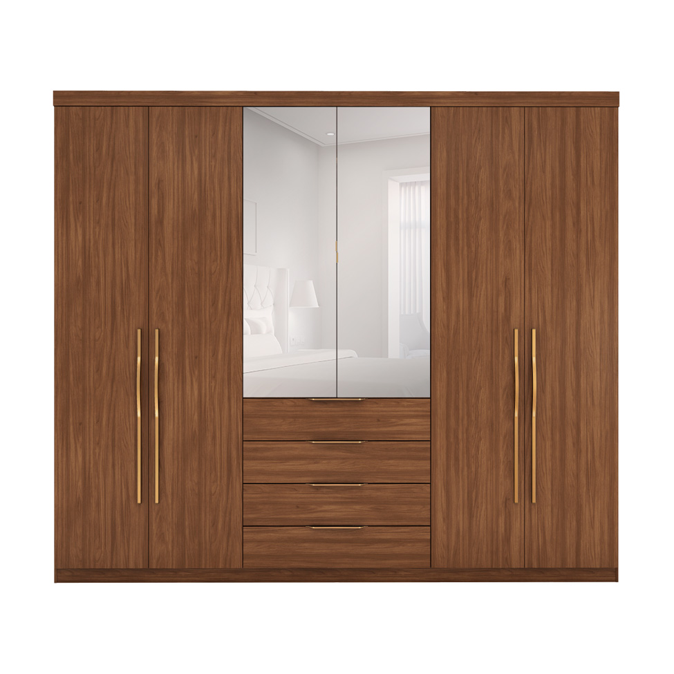 Guarda-Roupa Casal com Espelho Giardino 6 Portas 4 Gavetas Nogueira