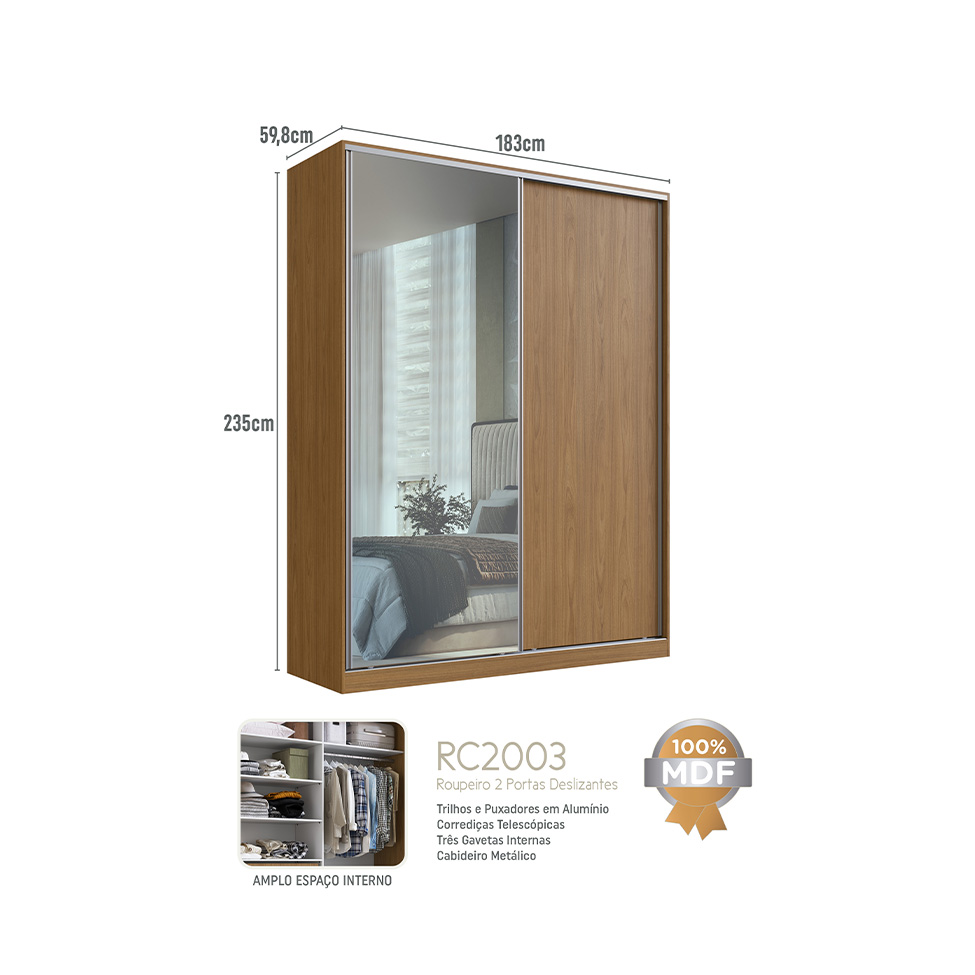 Guarda-Roupa Casal com Espelho Gioh 2 Portas 3 Gavetas Freijó