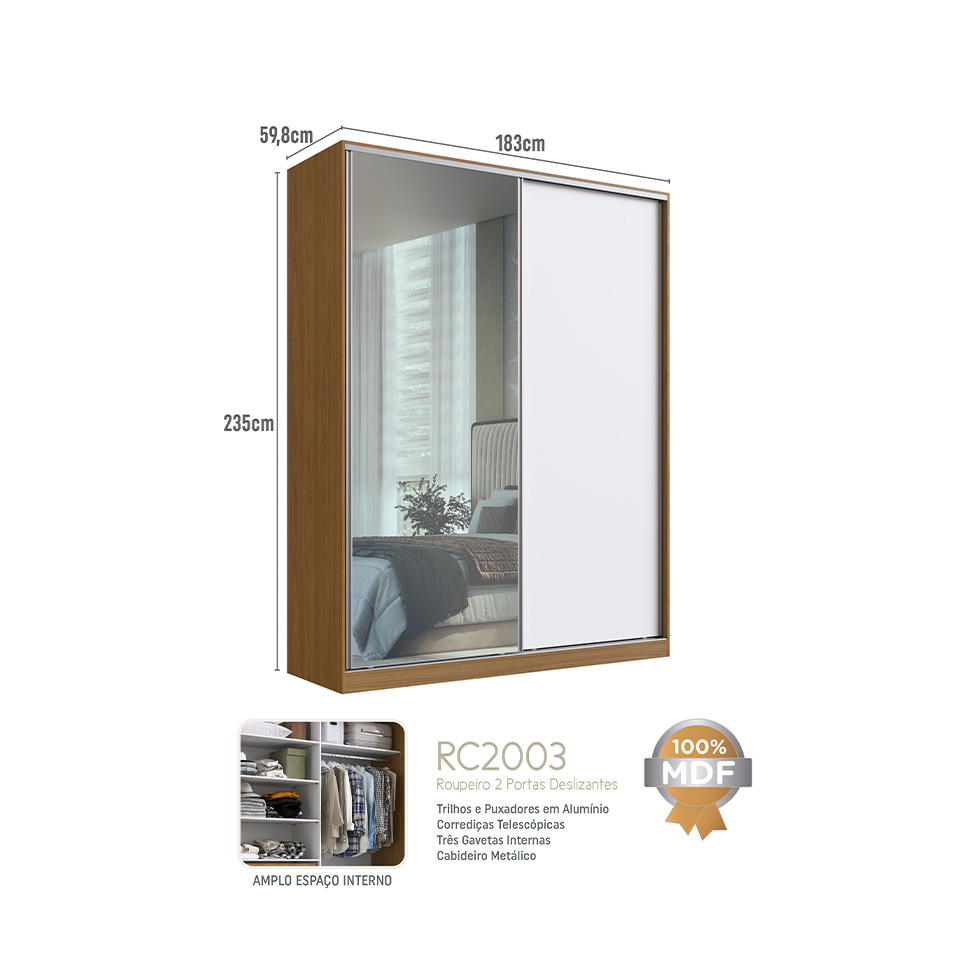 Guarda-Roupa Casal com Espelho Gioh 2 Portas 3 Gavetas Freijó e Branco