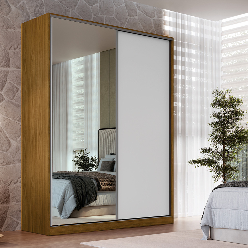 Guarda-Roupa Casal com Espelho Gioh 2 Portas 3 Gavetas Freijó e Branco