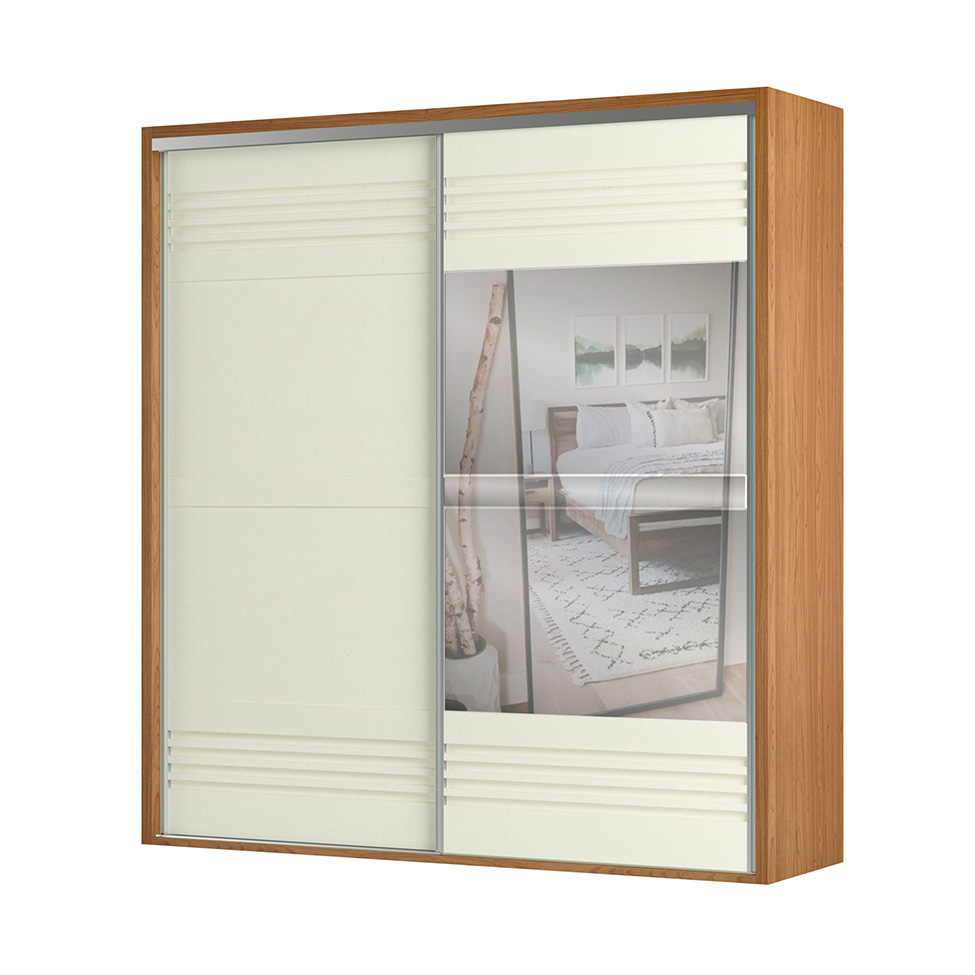 Guarda-Roupa Casal com Espelho Girona 100% MDF 2 Portas 2 Gavetas Freijó e Off White