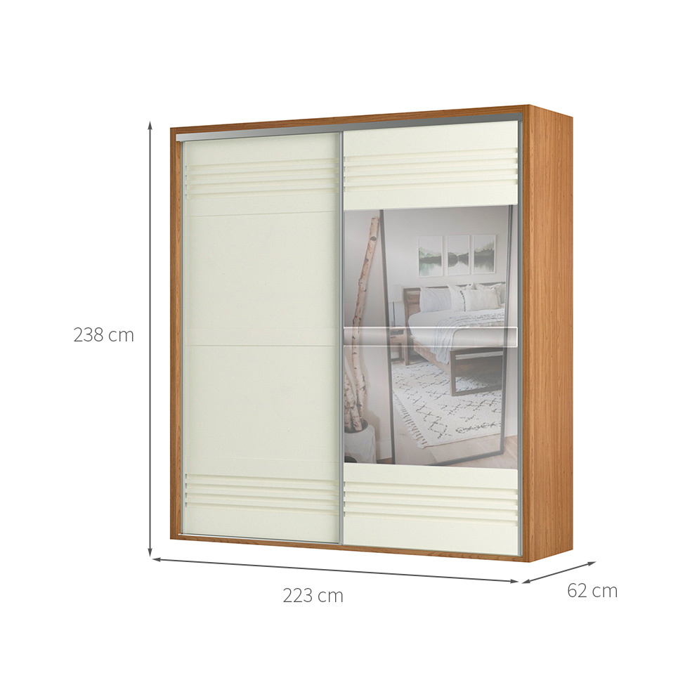 Guarda-Roupa Casal com Espelho Girona 100% MDF 2 Portas 2 Gavetas Freijó e Off White