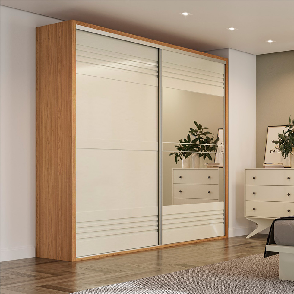 Guarda-Roupa Casal com Espelho Girona 100% MDF 2 Portas 2 Gavetas Freijó e Off White