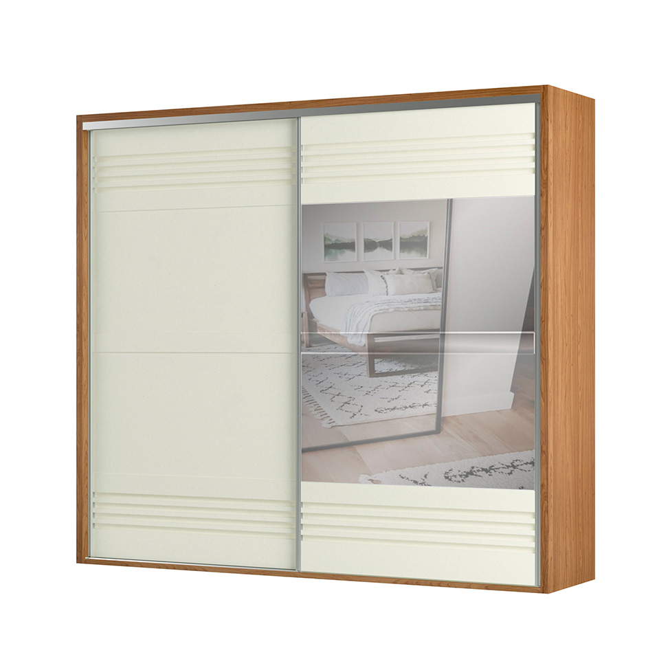 Guarda-Roupa Casal com Espelho Girona 100% MDF 2 Portas 4 Gavetas Freijó e Off White